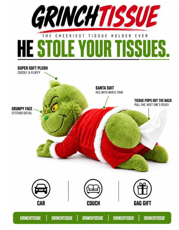 GrinchTissue™ – The Cheekiest Holiday Plush Tissue Dispenser