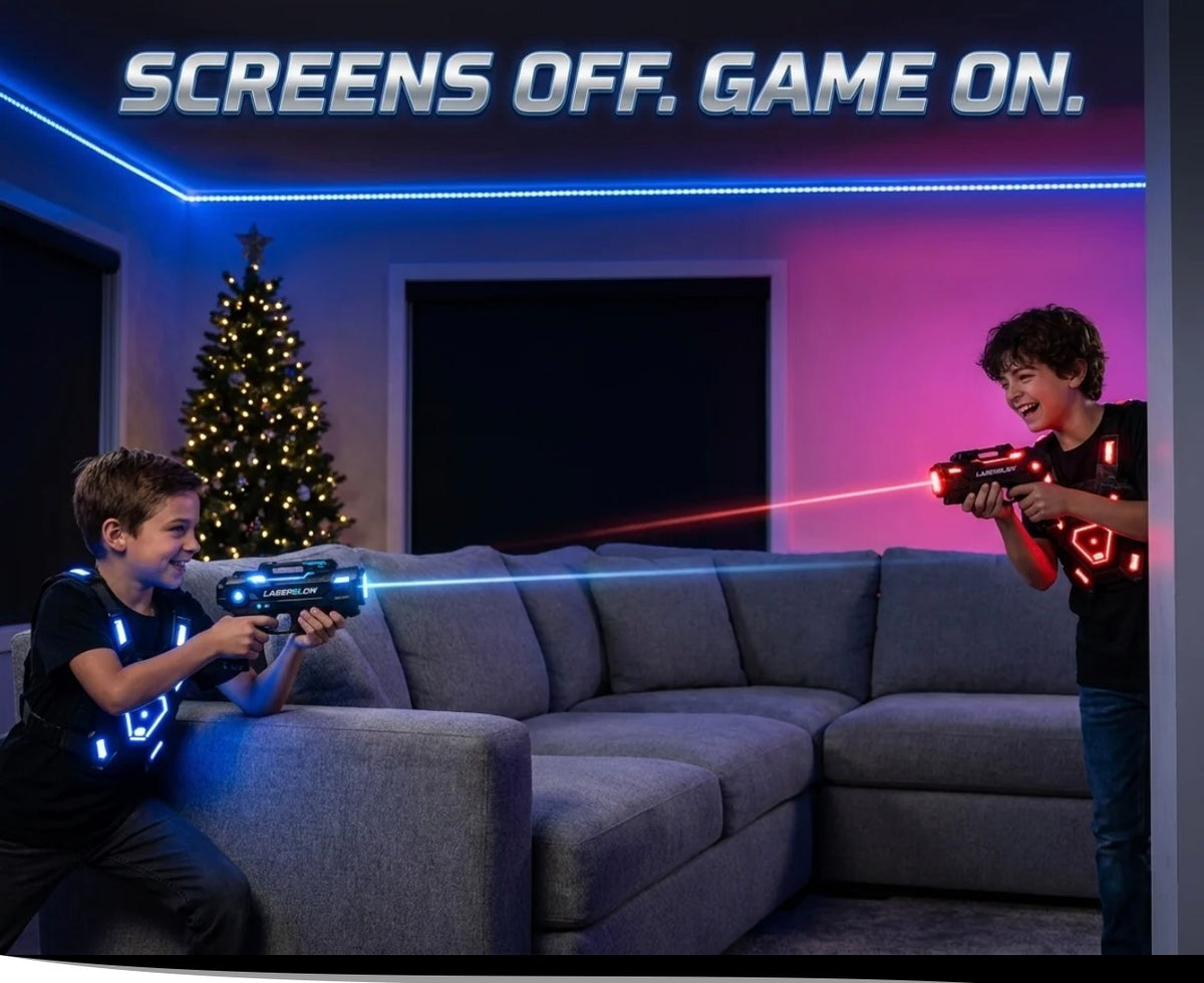 USB Rechargeable Laser Tag Set – 4 Blasters, Glowing Vests & Charging Dock Station