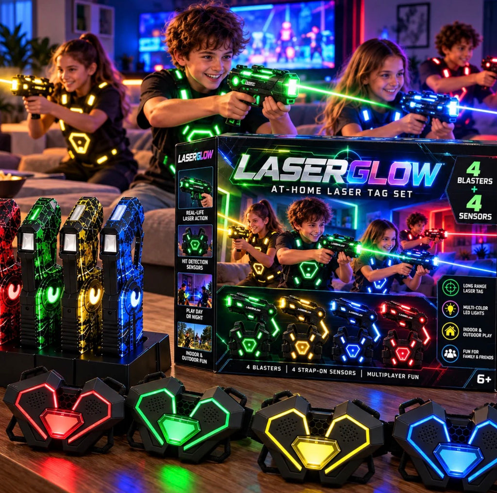 USB Rechargeable Laser Tag Set – 4 Blasters, Glowing Vests & Charging Dock Station