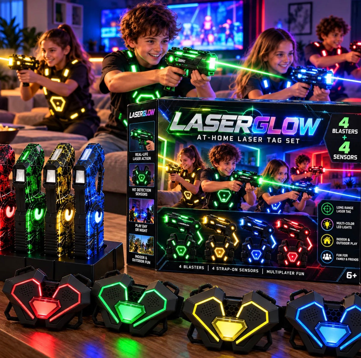 USB Rechargeable Laser Tag Set – 4 Blasters, Glowing Vests & Charging Dock Station