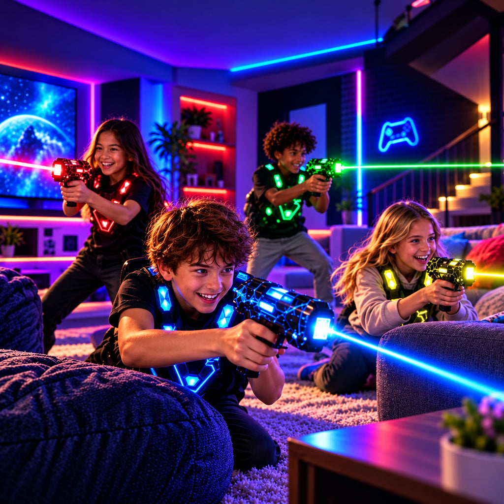 USB Rechargeable Laser Tag Set – 4 Blasters, Glowing Vests & Charging Dock Station
